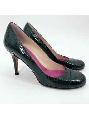 Kate Spade Rich Green Patent Leather Brogue Round Toe High Heels Size 7